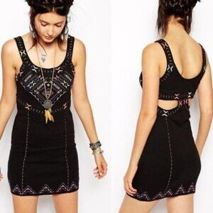 Free People Black Song of the South Embroidered Mini Bodycon Dress M